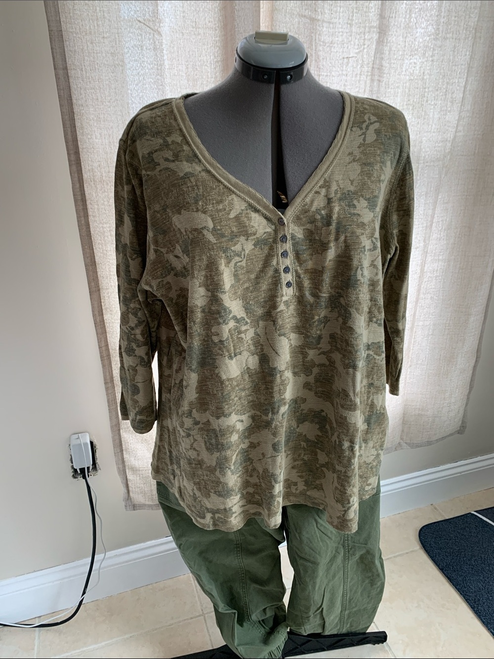 Chaps Olive Green Camo Henley Long Sleeve Top